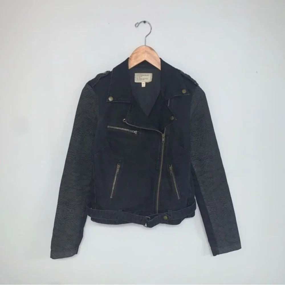 Current/Elliott Biker Jacket Size Small Black‎ Grey Dark Denim Moto 